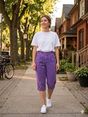 Vintage Organically Grown Pedal Pusher Pant Capri size 3 Pleated Corduroy Purple